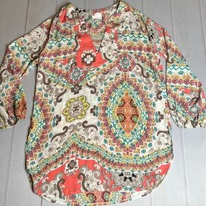 Misia - Tunic 3/4 sleeve Hi-Low Multi-Color Pull Over V-Neck - Size Medium